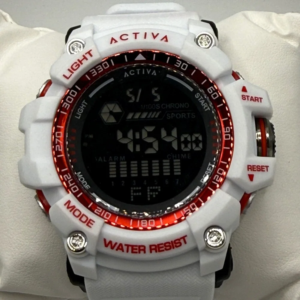 Activa Mens Digital Sports Watch White Red Resin Strap ACW8020-012 New